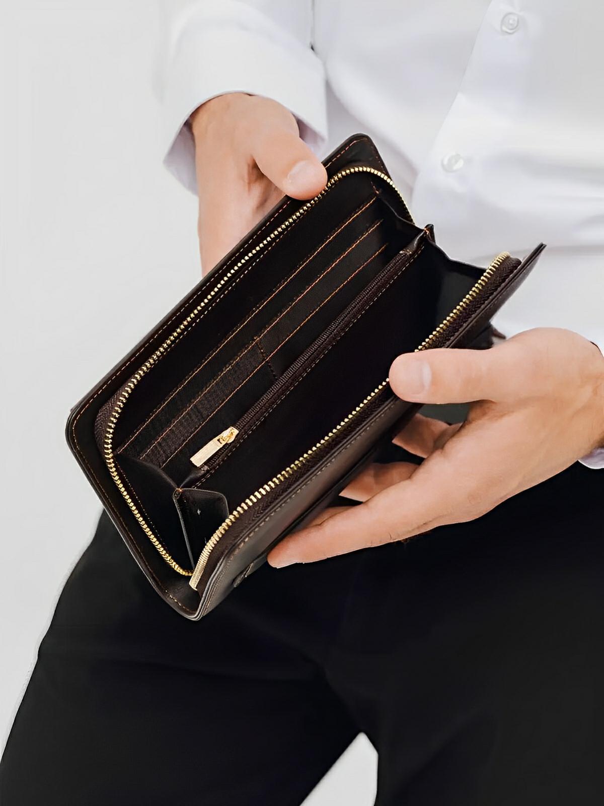 Portefeuille homme en cuir véritable, grand format, double fermeture éclair, multiples compartiments, style vintage, modèle Épone - Porte - feuille - Café