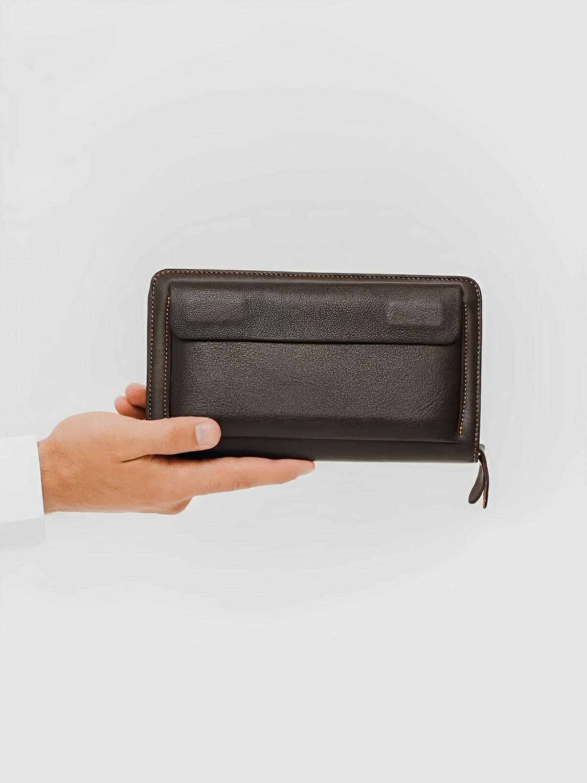 Portefeuille homme en cuir véritable, grand format, double fermeture éclair, multiples compartiments, style vintage, modèle Épone - Porte - feuille - Café