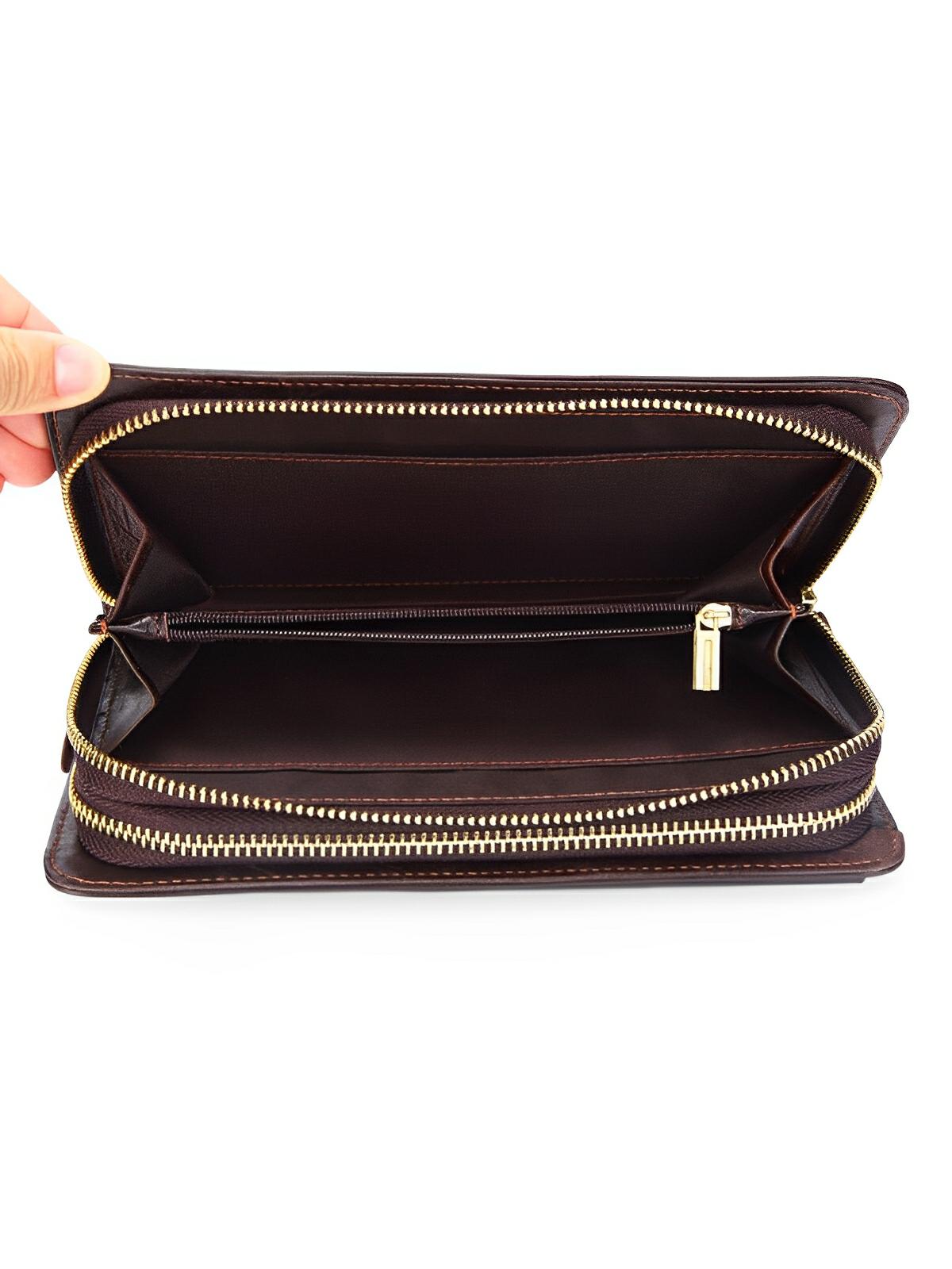 Portefeuille homme en cuir véritable, grand format, double fermeture éclair, multiples compartiments, style vintage, modèle Épone - Porte - feuille - Café