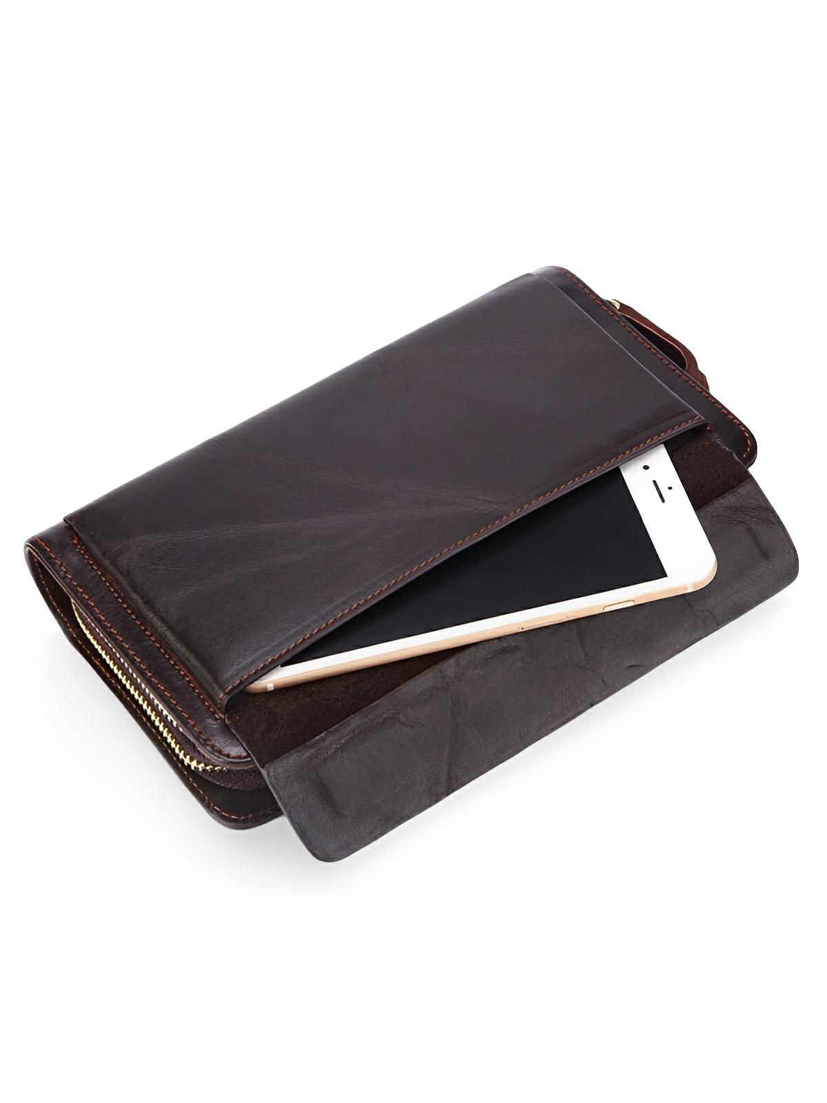 Portefeuille homme en cuir véritable, grand format, double fermeture éclair, multiples compartiments, style vintage, modèle Épone - Porte - feuille - Café