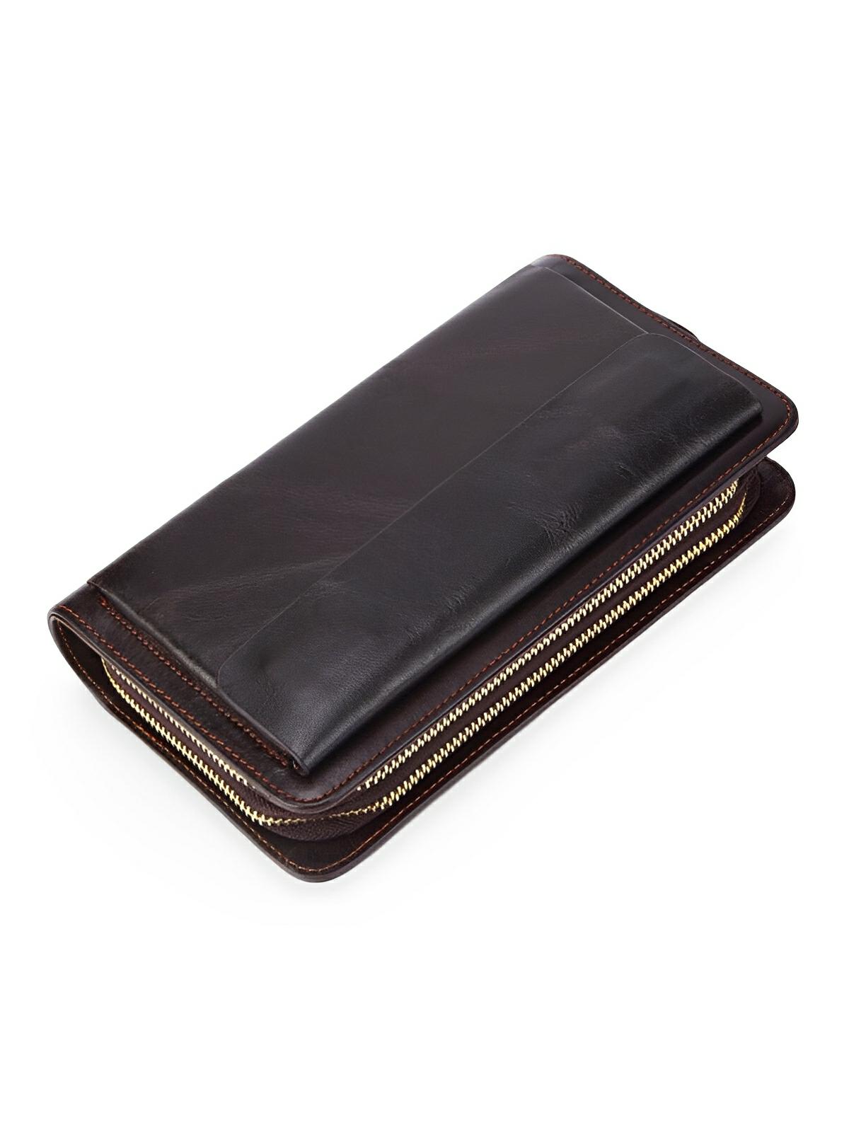 Portefeuille homme en cuir véritable, grand format, double fermeture éclair, multiples compartiments, style vintage, modèle Épone - Porte - feuille - Café