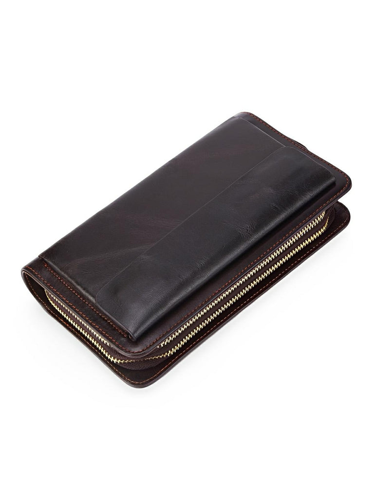 Portefeuille homme en cuir véritable, grand format, double fermeture éclair, multiples compartiments, style vintage, modèle Épone - Porte - feuille - Café