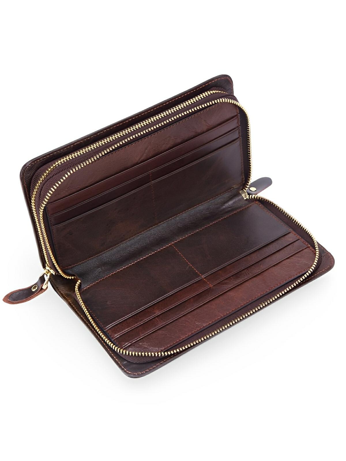 Portefeuille homme en cuir véritable, grand format, double fermeture éclair, multiples compartiments, style vintage, modèle Épone - Porte - feuille - Café