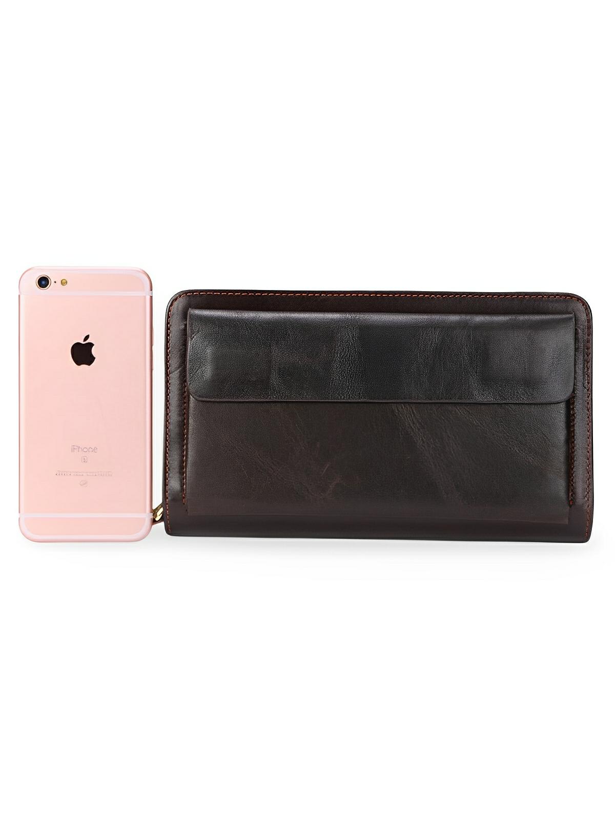 Portefeuille homme en cuir véritable, grand format, double fermeture éclair, multiples compartiments, style vintage, modèle Épone - Porte - feuille - Café