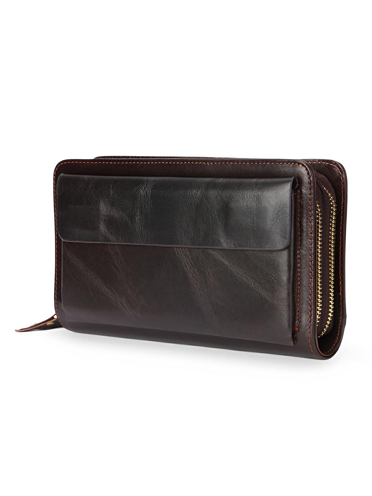 Portefeuille homme en cuir véritable, grand format, double fermeture éclair, multiples compartiments, style vintage, modèle Épone - Porte - feuille - Café