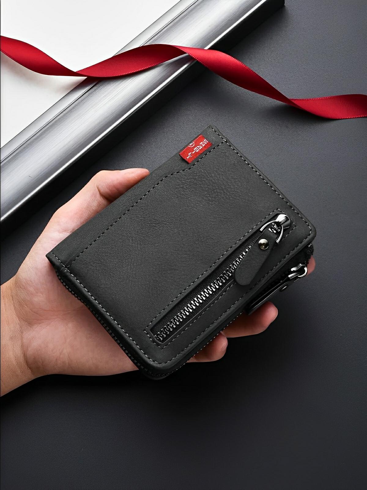 Portefeuille pour homme compact, zip sécurisé, multi - compartiments, grande capacité, design moderne, modèle Théodoric - Porte - feuille - Noir