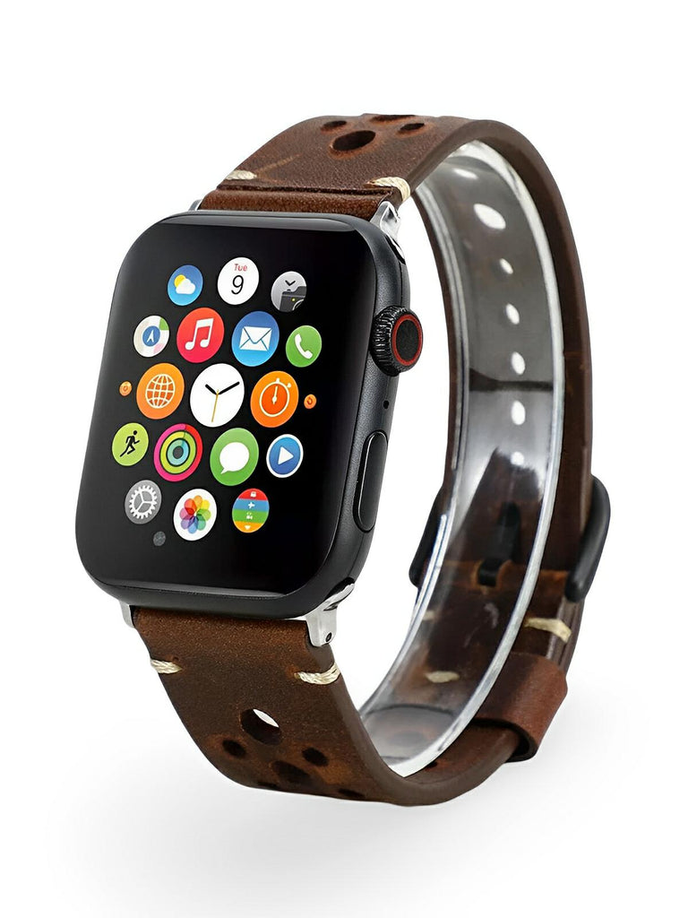 Bracelet Apple Watch cuir vintage, design perforé, boucle classique, modèle Lior