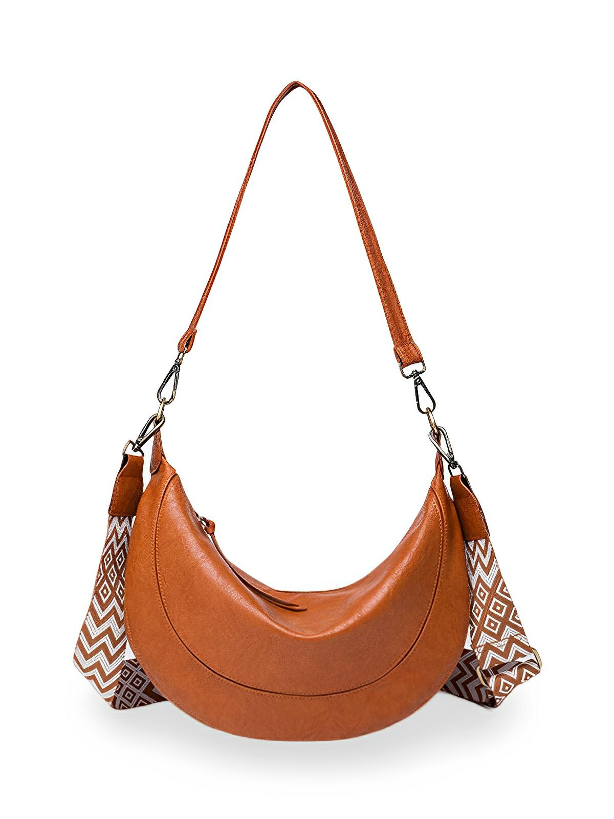 Sac à bandoulière croissant femme, simili vegan, grande capacité, léger et tendance, modèle Tatianah - Sacoche - Camel