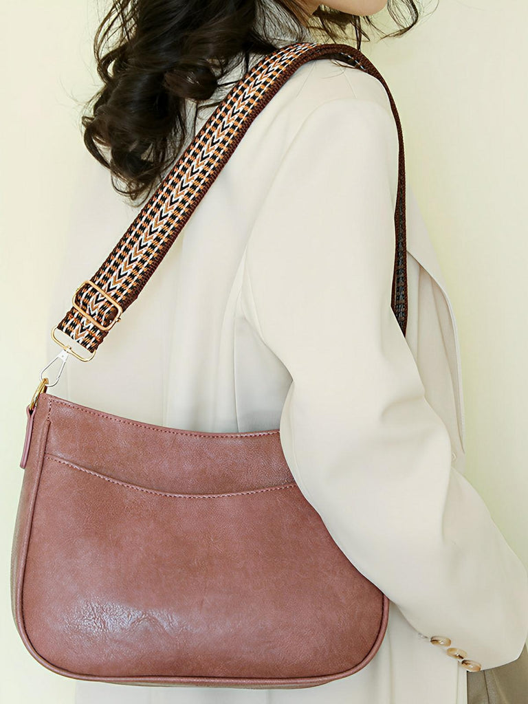 Sac à bandoulière femme, grand format, design rétro, simili vegan, sangle tressée, modèle Tiffany - Sac Bandoulière - Rose