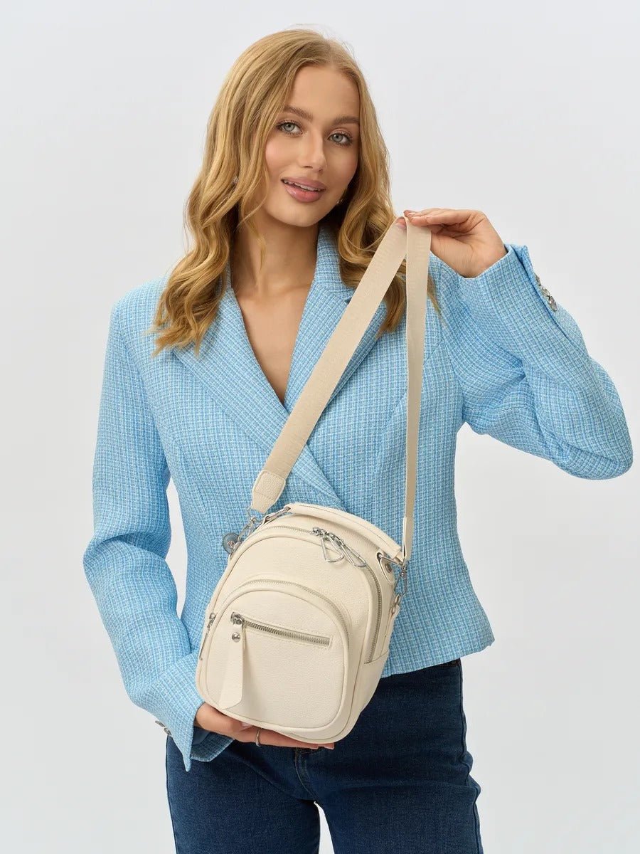 Sac à dos compact femme, sac trois positions, sac à main urbain, petit sac multifonction, sac à bandoulière, modèle Melitine - Sac à dos - Blanc