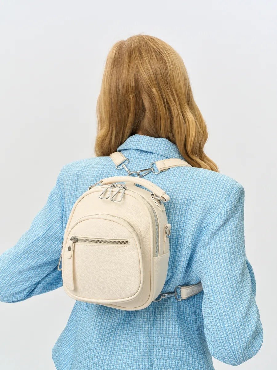 Sac à dos compact femme, sac trois positions, sac à main urbain, petit sac multifonction, sac à bandoulière, modèle Melitine - Sac à dos - Blanc
