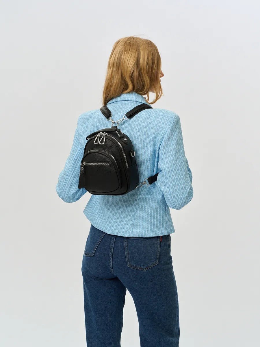 Sac à dos compact femme, sac trois positions, sac à main urbain, petit sac multifonction, sac à bandoulière, modèle Melitine - Sac à dos - Noir