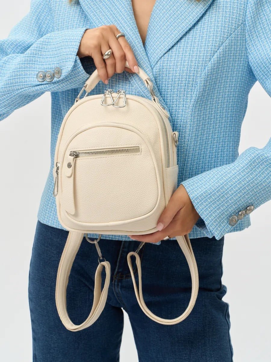 Sac à dos compact femme, sac trois positions, sac à main urbain, petit sac multifonction, sac à bandoulière, modèle Melitine - Sac à dos - Blanc
