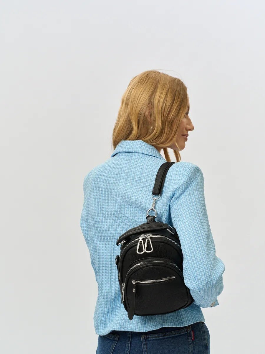 Sac à dos compact femme, sac trois positions, sac à main urbain, petit sac multifonction, sac à bandoulière, modèle Melitine - Sac à dos - Noir
