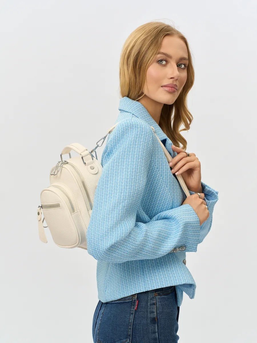 Sac à dos compact femme, sac trois positions, sac à main urbain, petit sac multifonction, sac à bandoulière, modèle Melitine - Sac à dos - Blanc