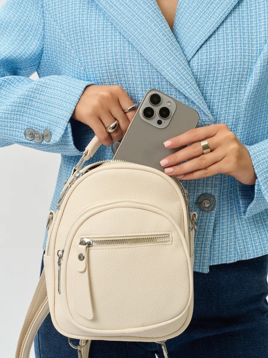 Sac à dos compact femme, sac trois positions, sac à main urbain, petit sac multifonction, sac à bandoulière, modèle Melitine - Sac à dos - Blanc