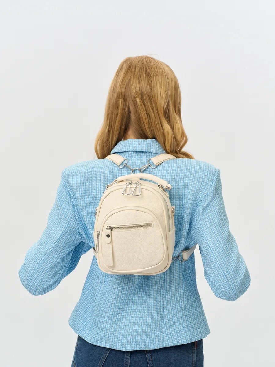Sac à dos compact femme, sac trois positions, sac à main urbain, petit sac multifonction, sac à bandoulière, modèle Melitine - Sac à dos - Blanc