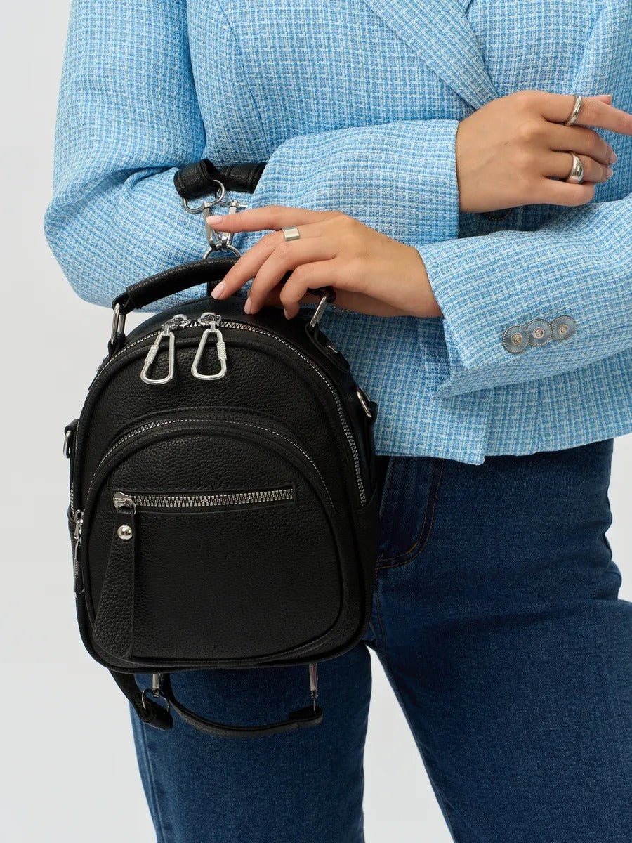 Sac à dos compact femme, sac trois positions, sac à main urbain, petit sac multifonction, sac à bandoulière, modèle Melitine - Sac à dos - Noir