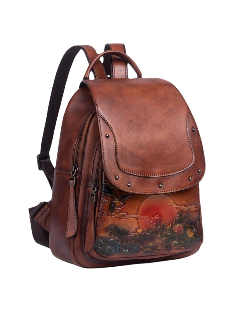 Sac à dos cuir femme, gravure fleurie, grande capacité, style rétro, marron vintage, cuir pleine fleur, sac artistique, modèle Savira - Sac à dos - Camel
