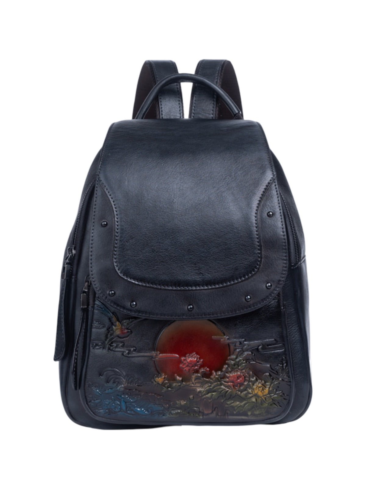 Sac à dos cuir femme, gravure fleurie, grande capacité, style rétro, marron vintage, cuir pleine fleur, sac artistique, modèle Savira - Sac à dos - Noir