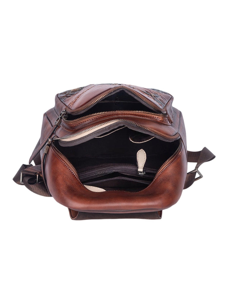 Sac à dos cuir femme, gravure fleurie, grande capacité, style rétro, marron vintage, cuir pleine fleur, sac artistique, modèle Savira - Sac à dos - Camel