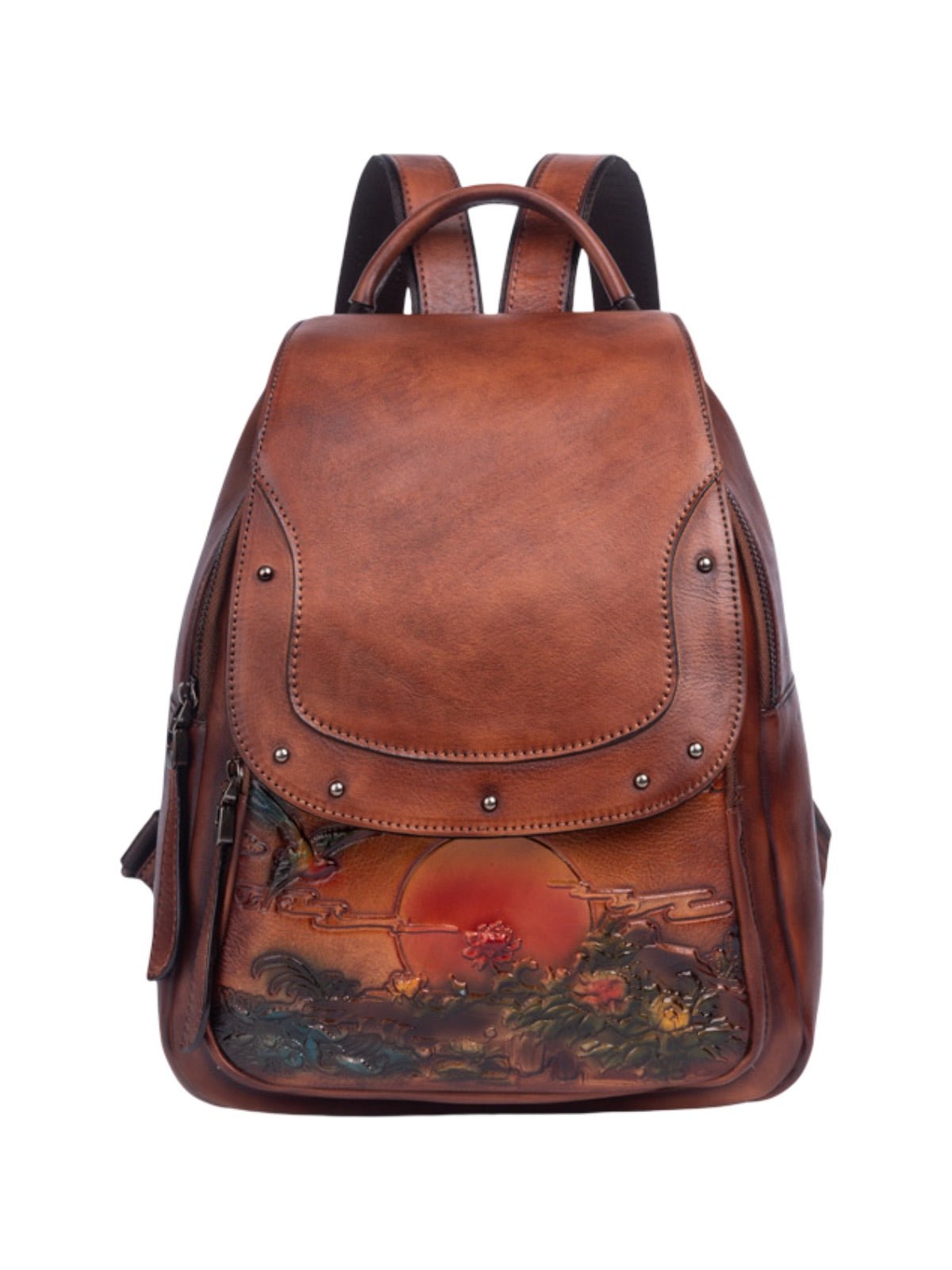 Sac à dos cuir femme, gravure fleurie, grande capacité, style rétro, marron vintage, cuir pleine fleur, sac artistique, modèle Savira - Sac à dos - Camel