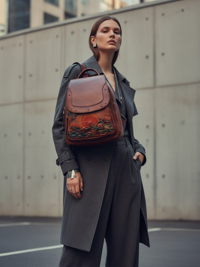 Sac à dos cuir femme, gravure fleurie, grande capacité, style rétro, marron vintage, cuir pleine fleur, sac artistique, modèle Savira - Sac à dos - Camel