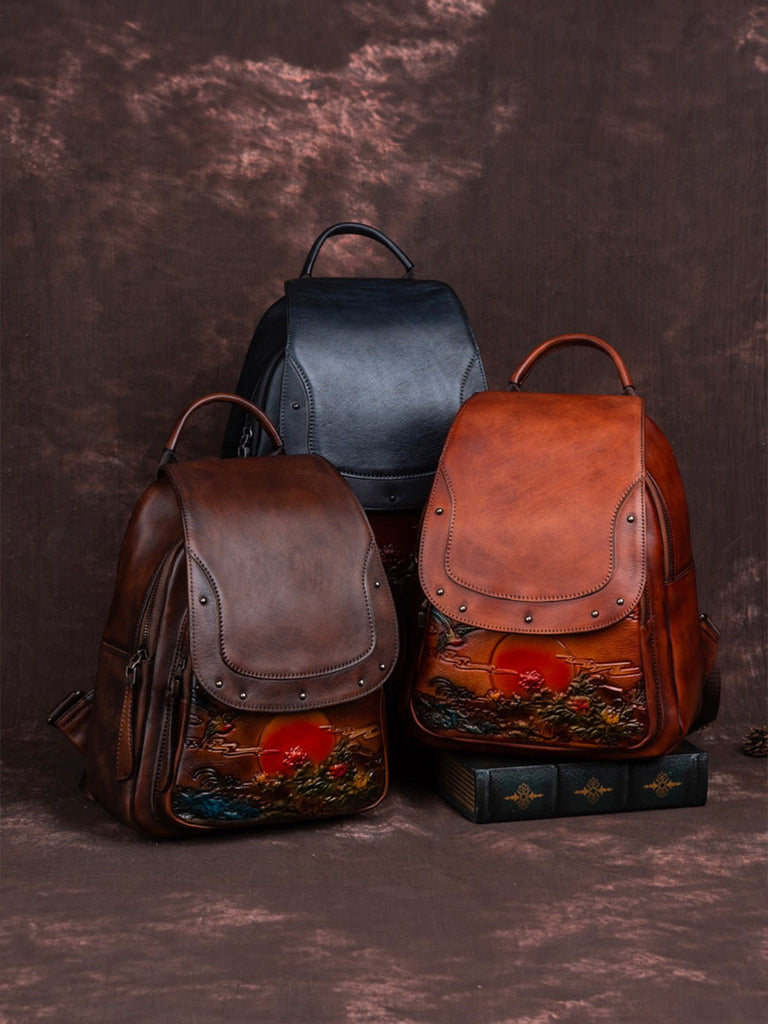 Sac à dos cuir femme, gravure fleurie, grande capacité, style rétro, marron vintage, cuir pleine fleur, sac artistique, modèle Savira - Sac à dos - Camel