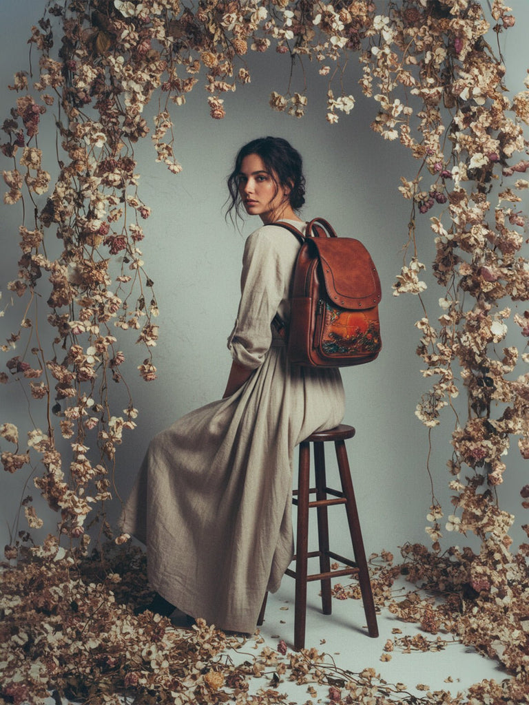 Sac à dos cuir femme, gravure fleurie, grande capacité, style rétro, marron vintage, cuir pleine fleur, sac artistique, modèle Savira - Sac à dos - Camel