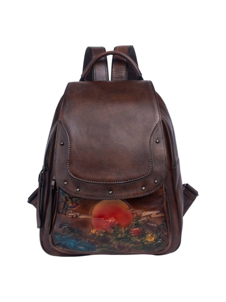 Sac à dos cuir femme, gravure fleurie, grande capacité, style rétro, marron vintage, cuir pleine fleur, sac artistique, modèle Savira - Sac à dos - Café