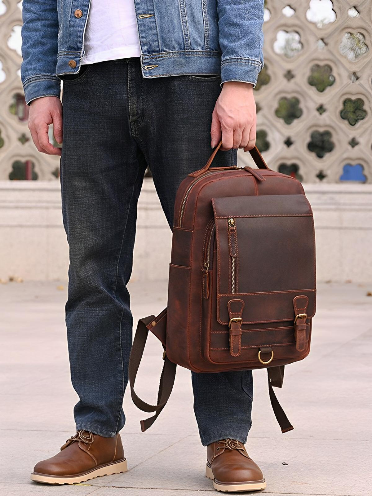 Sac à dos cuir, format cartable rétro, modèle Naissant - Sac à dos - Marron