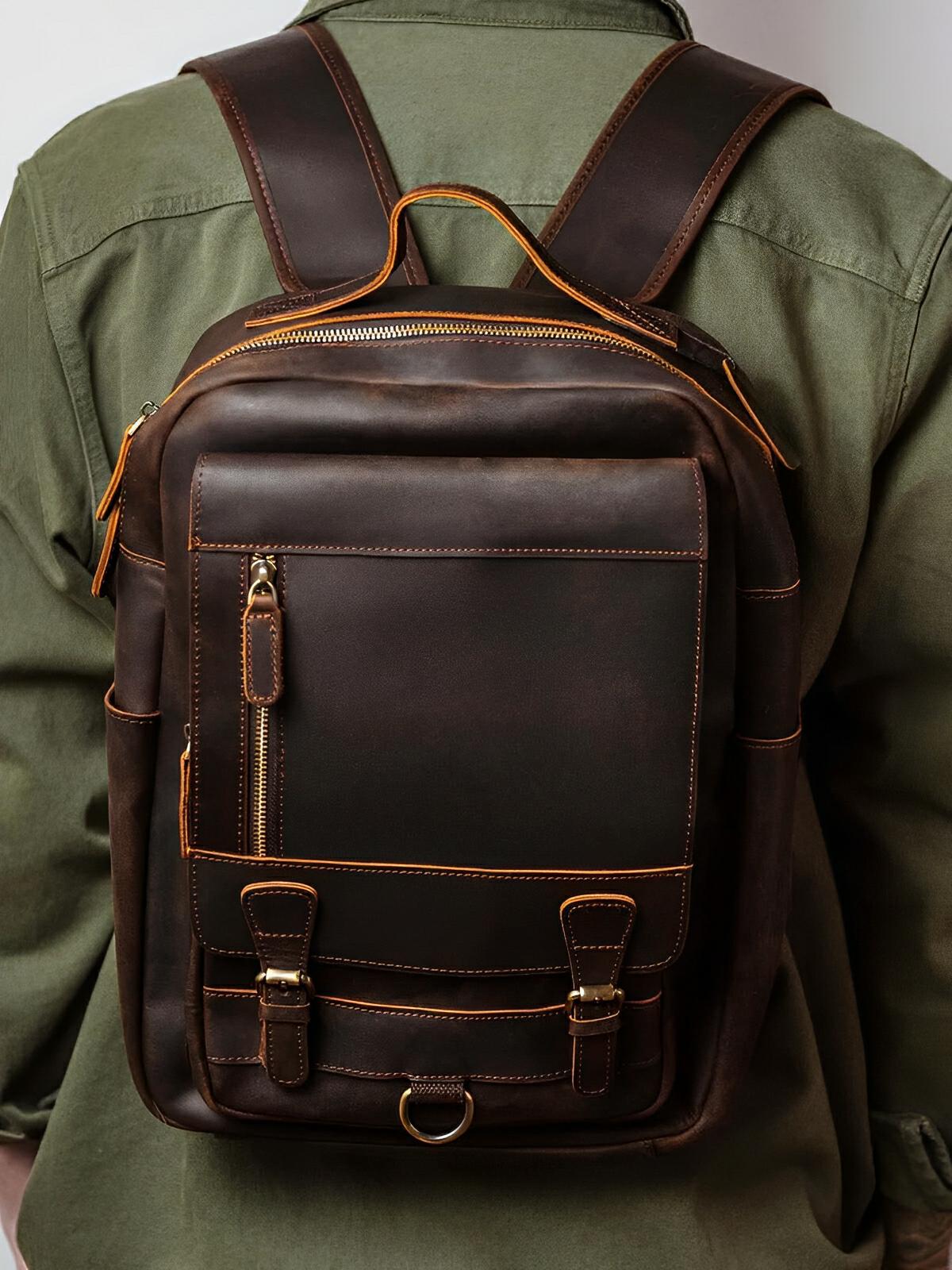 Sac à dos cuir, format cartable rétro, modèle Naissant - Sac à dos - Café