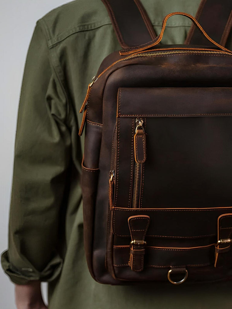 Sac à dos cuir, format cartable rétro, modèle Naissant - Sac à dos - Café