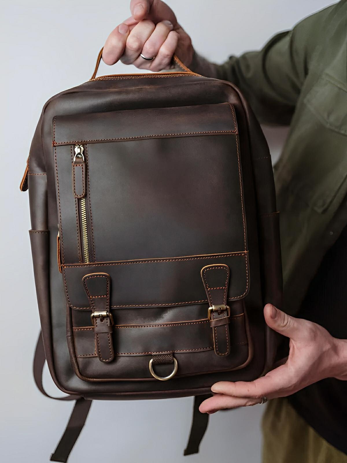 Sac à dos cuir, format cartable rétro, modèle Naissant - Sac à dos - Café