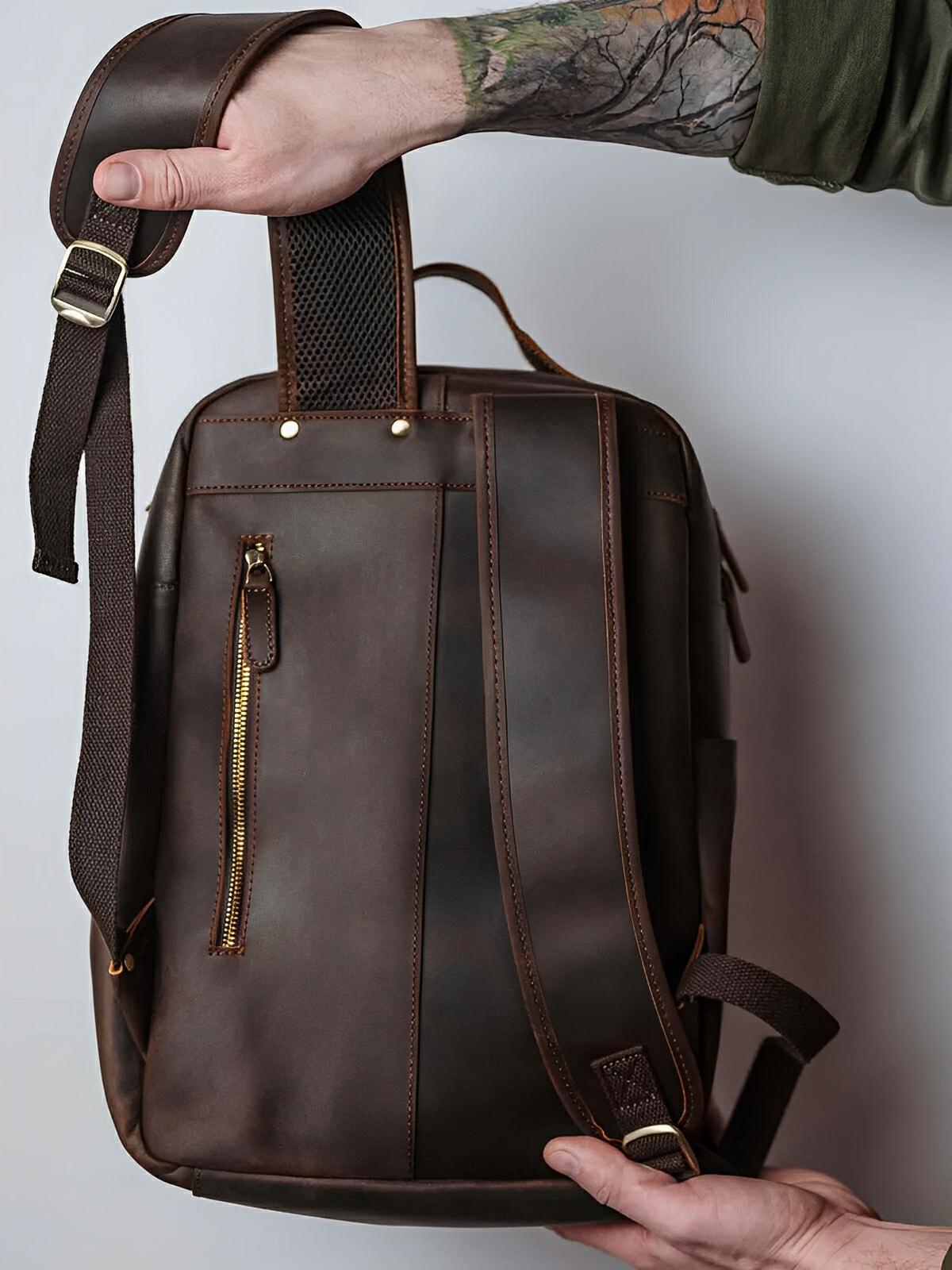 Sac à dos cuir, format cartable rétro, modèle Naissant - Sac à dos - Café
