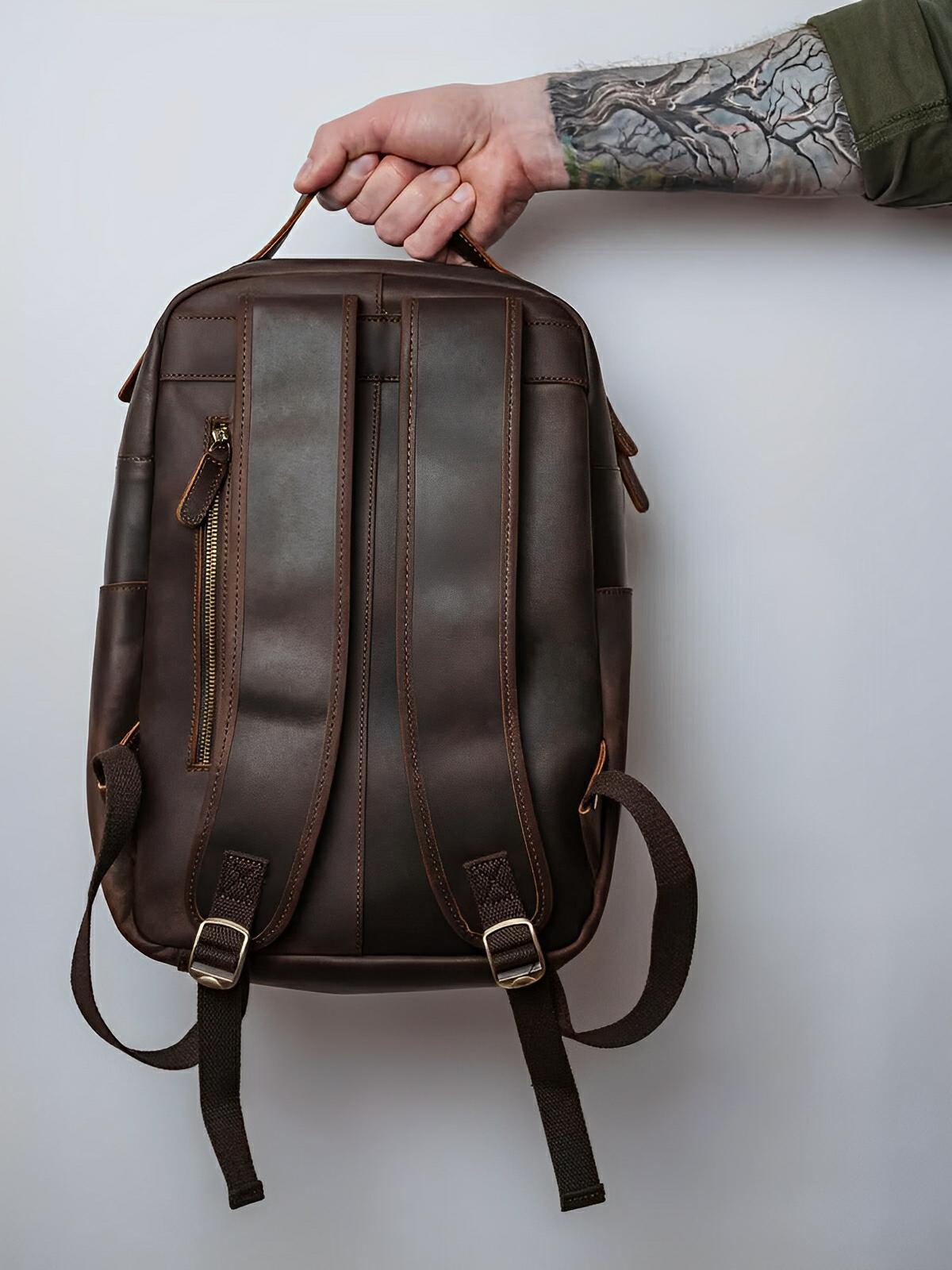 Sac à dos cuir, format cartable rétro, modèle Naissant - Sac à dos - Café