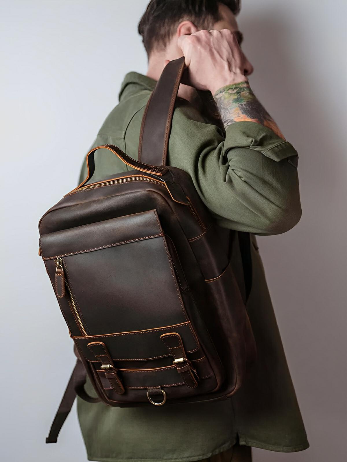 Sac à dos cuir, format cartable rétro, modèle Naissant - Sac à dos - Café