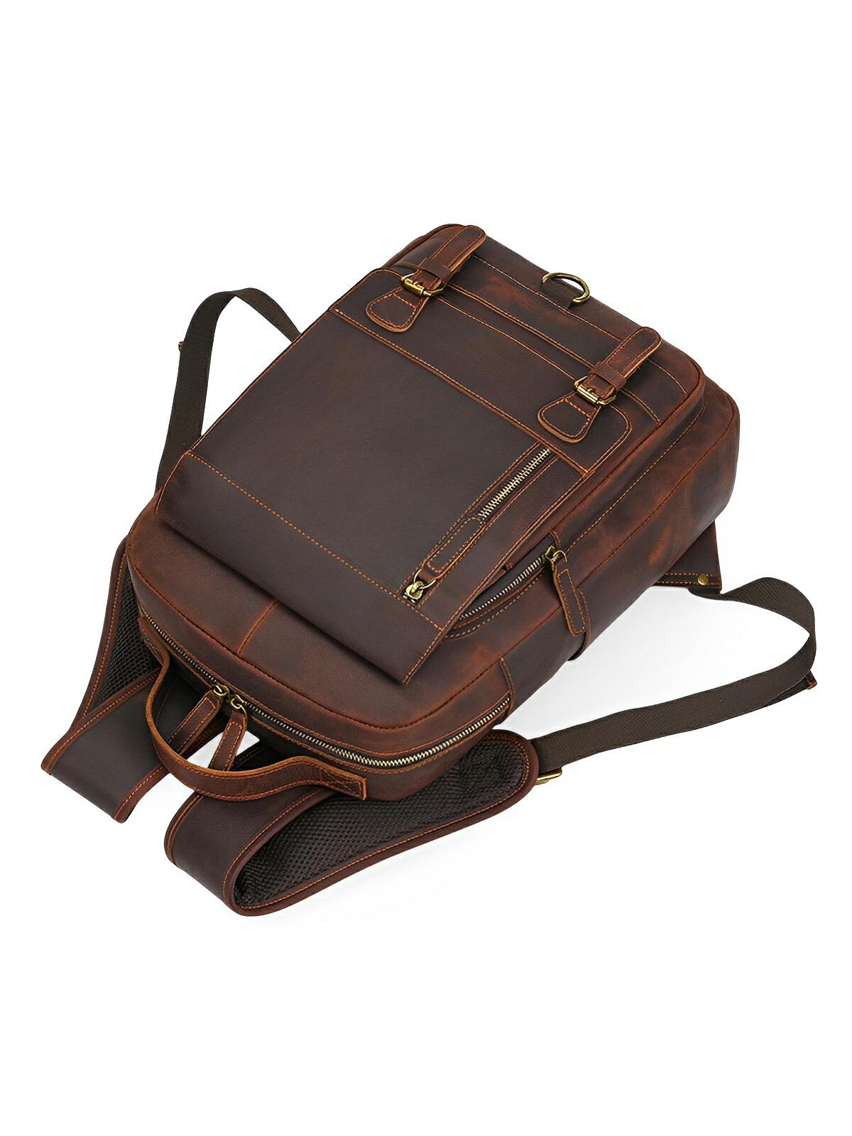 Sac à dos cuir, format cartable rétro, modèle Naissant - Sac à dos - Marron