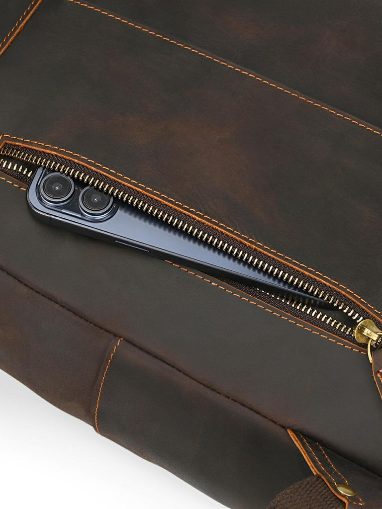 Sac à dos cuir, format cartable rétro, modèle Naissant - Sac à dos - Café