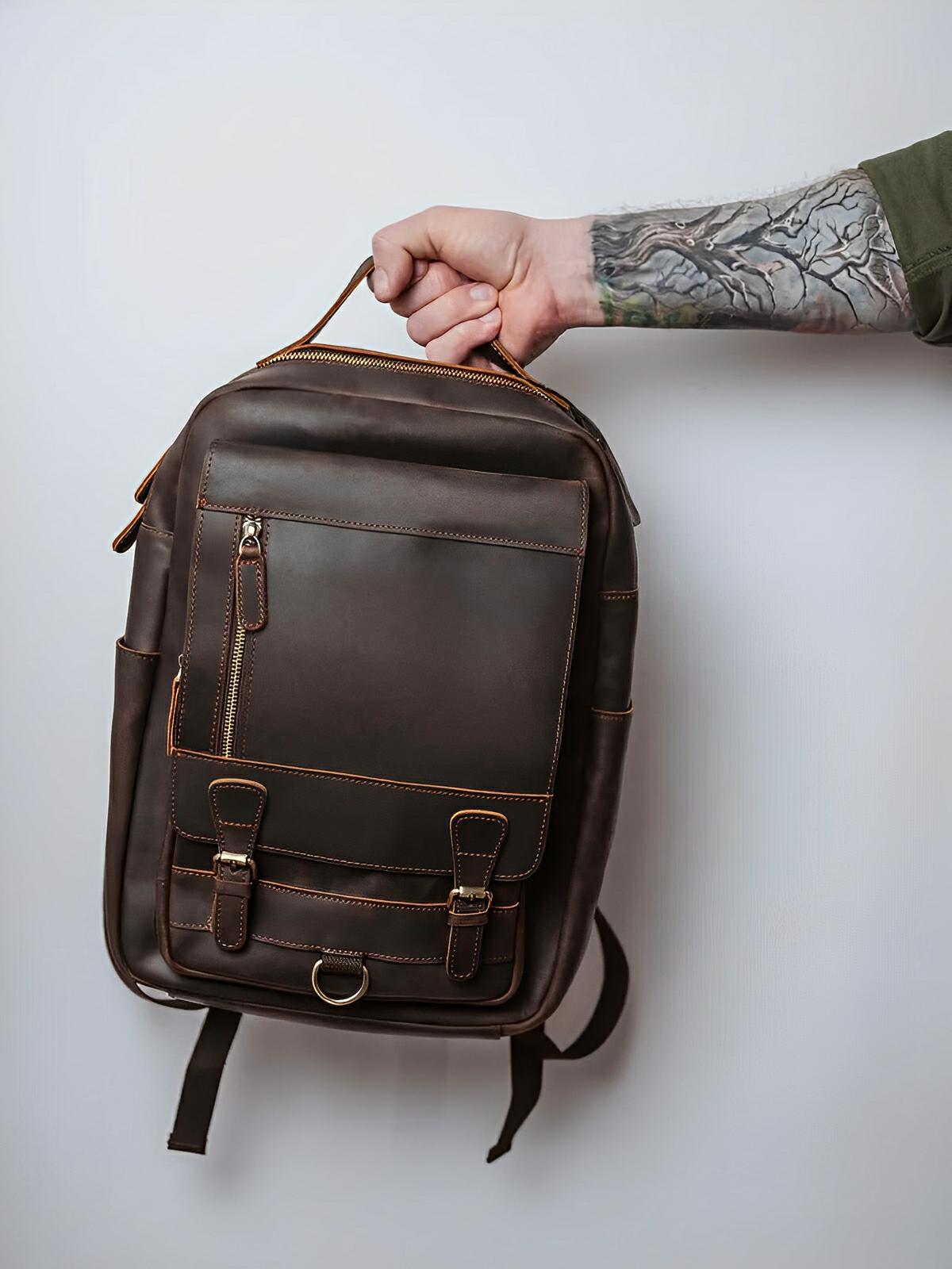 Sac à dos cuir, format cartable rétro, modèle Naissant - Sac à dos - Café