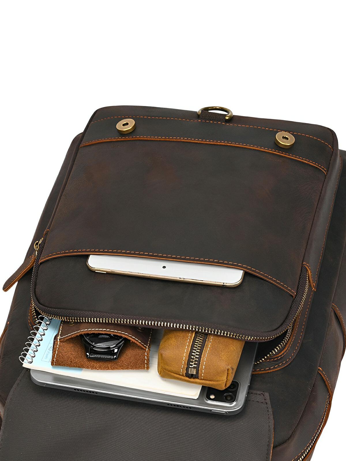 Sac à dos cuir, format cartable rétro, modèle Naissant - Sac à dos - Café