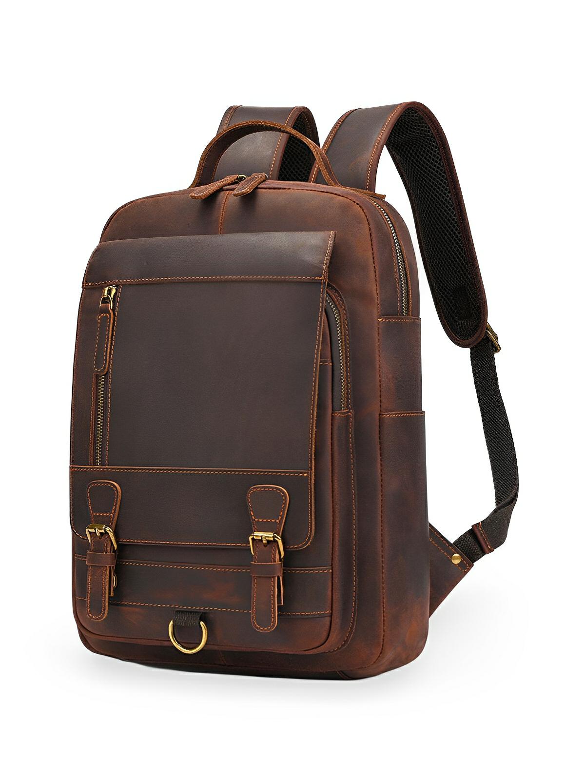 Sac à dos cuir, format cartable rétro, modèle Naissant - Sac à dos - Marron