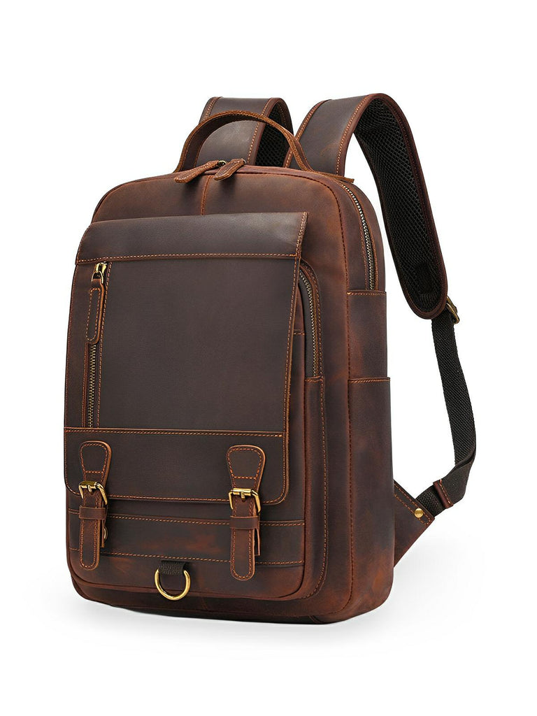 Sac à dos cuir, format cartable rétro, modèle Naissant - Sac à dos - Marron