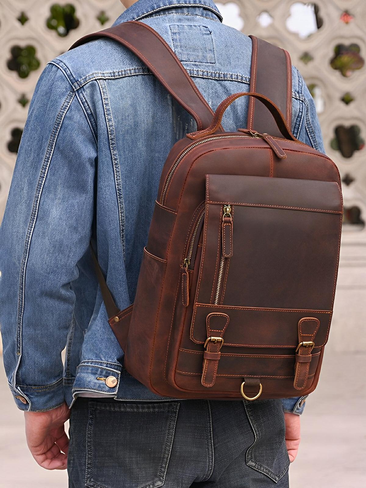 Sac à dos cuir, format cartable rétro, modèle Naissant - Sac à dos - Marron