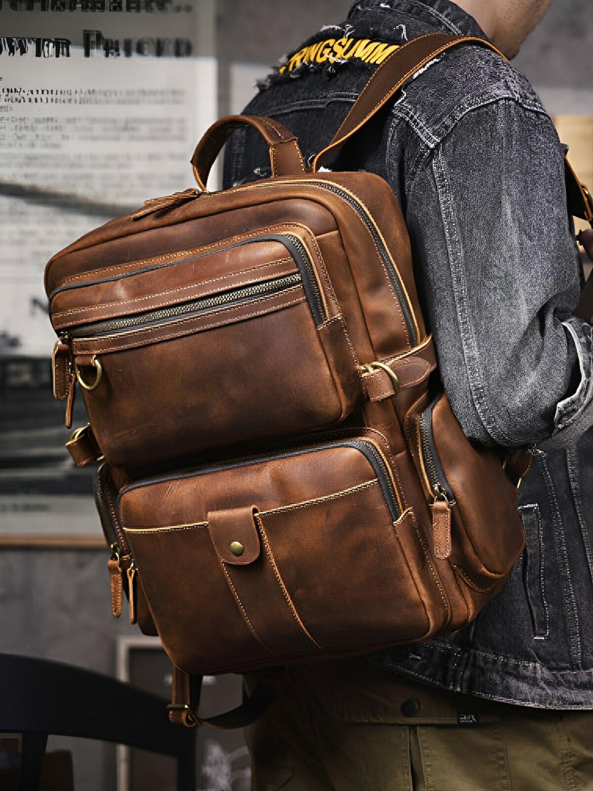 Sac à dos de voyage en cuir, aux bretelles larges, modèle Ulric - Sac à dos - Marron