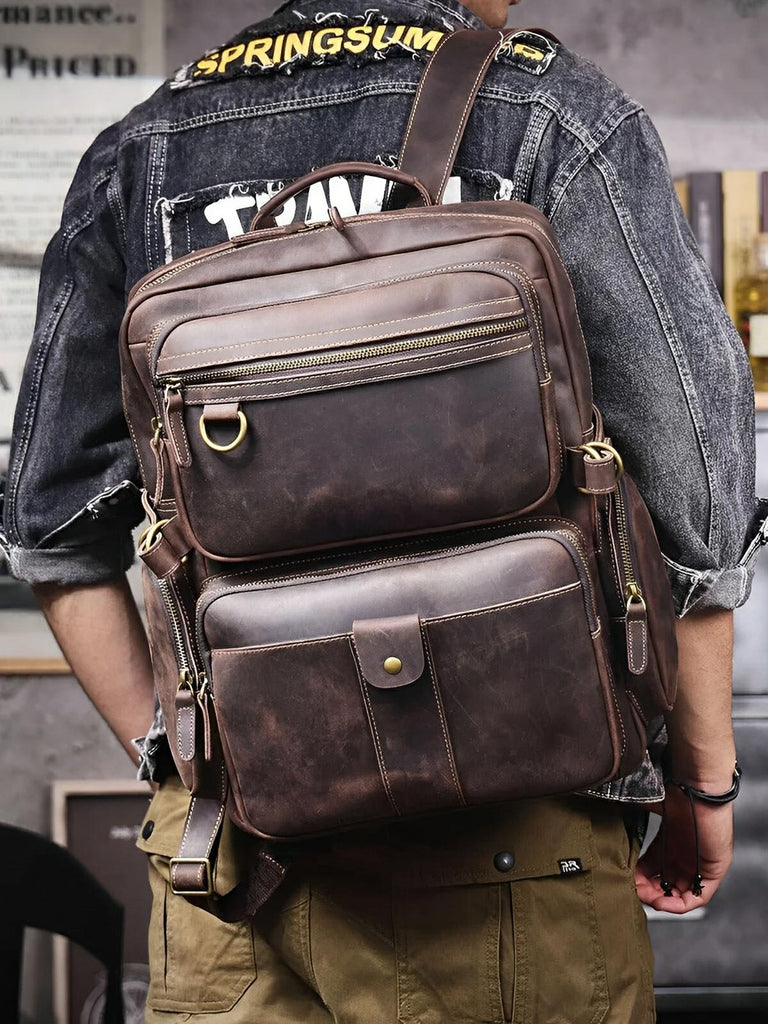 Sac à dos de voyage en cuir, aux bretelles larges, modèle Ulric - Sac à dos - Marron
