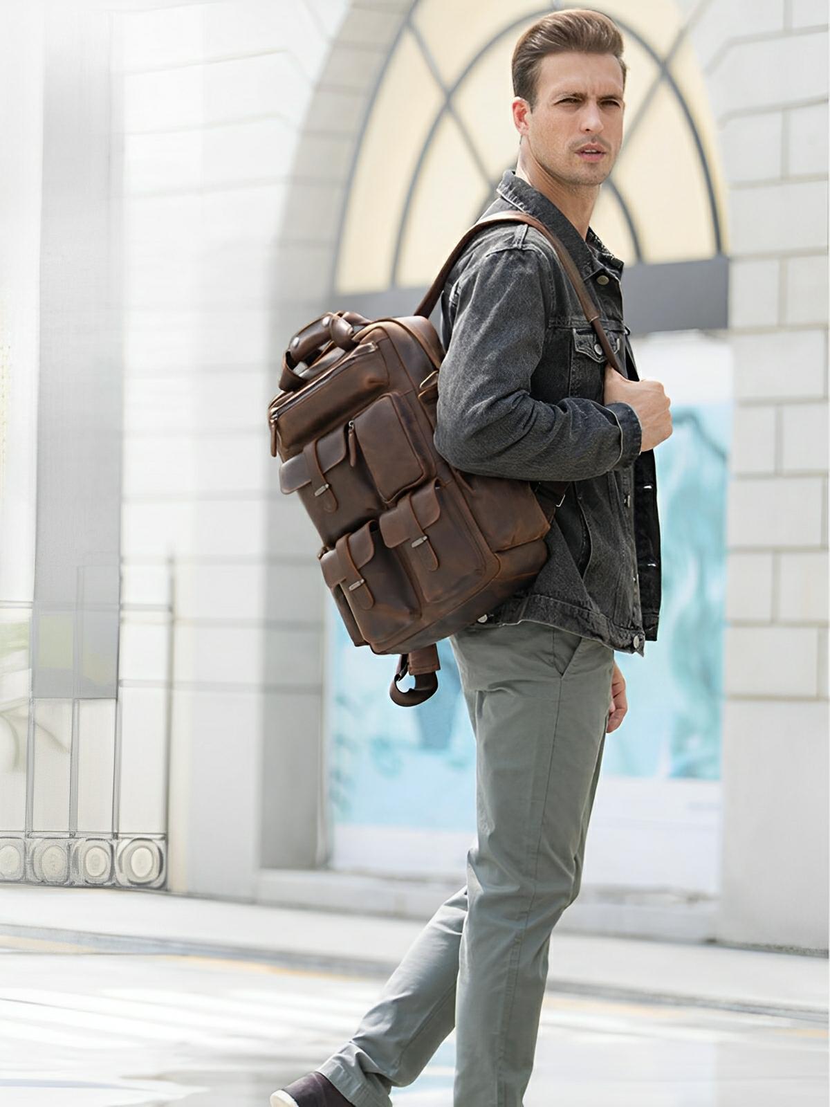 Sac à dos en cuir, multi - poches, ergonomique et spacieux, modèle Tancrède - Sac à dos - Café