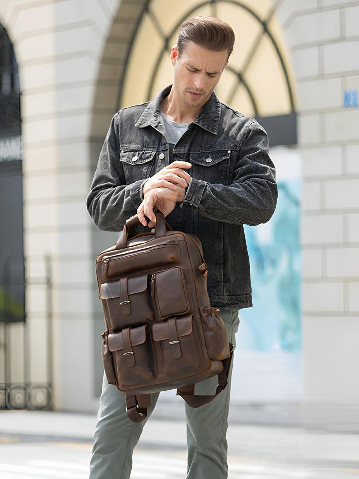 Sac à dos en cuir, multi - poches, ergonomique et spacieux, modèle Tancrède - Sac à dos - Café