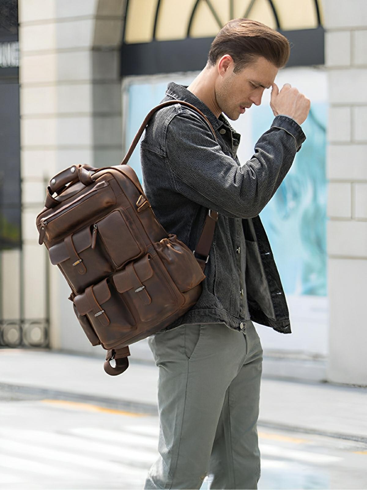 Sac à dos en cuir, multi - poches, ergonomique et spacieux, modèle Tancrède - Sac à dos - Café