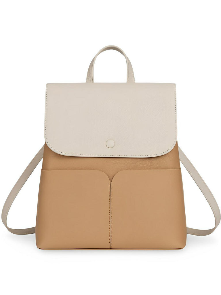 Sac à dos en cuir pleine fleur femme, spacieux et chic, fermeture rabat et zip, léger et confortable, modèle Béatrice - Sac à dos - Taupe et camel